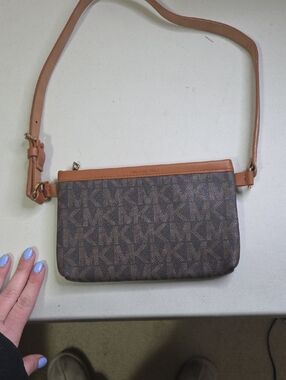 Michael Kors Brown MK Logo Crossbody with Tan Leather Trim